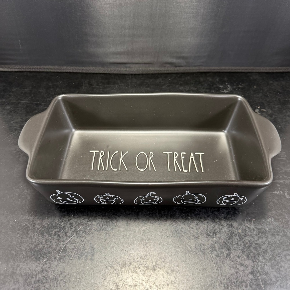 Rae Dunn Trick or Treat Halloween Loaf Pan Matte Black Pumpkin Ceramic Baker